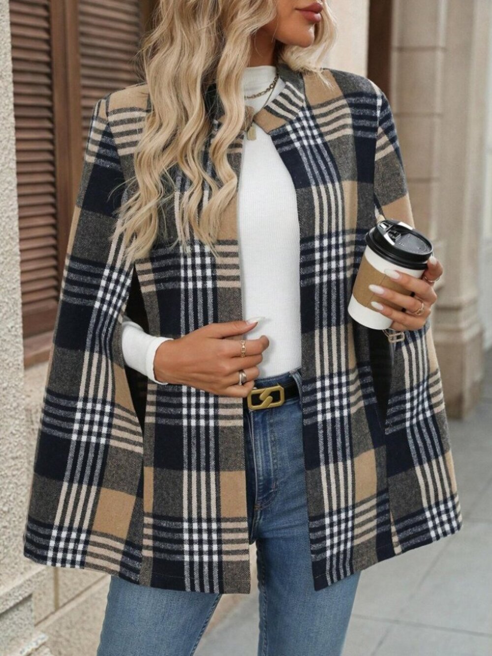 Tan & Navy Plaid Cape Coat with Stand Collar